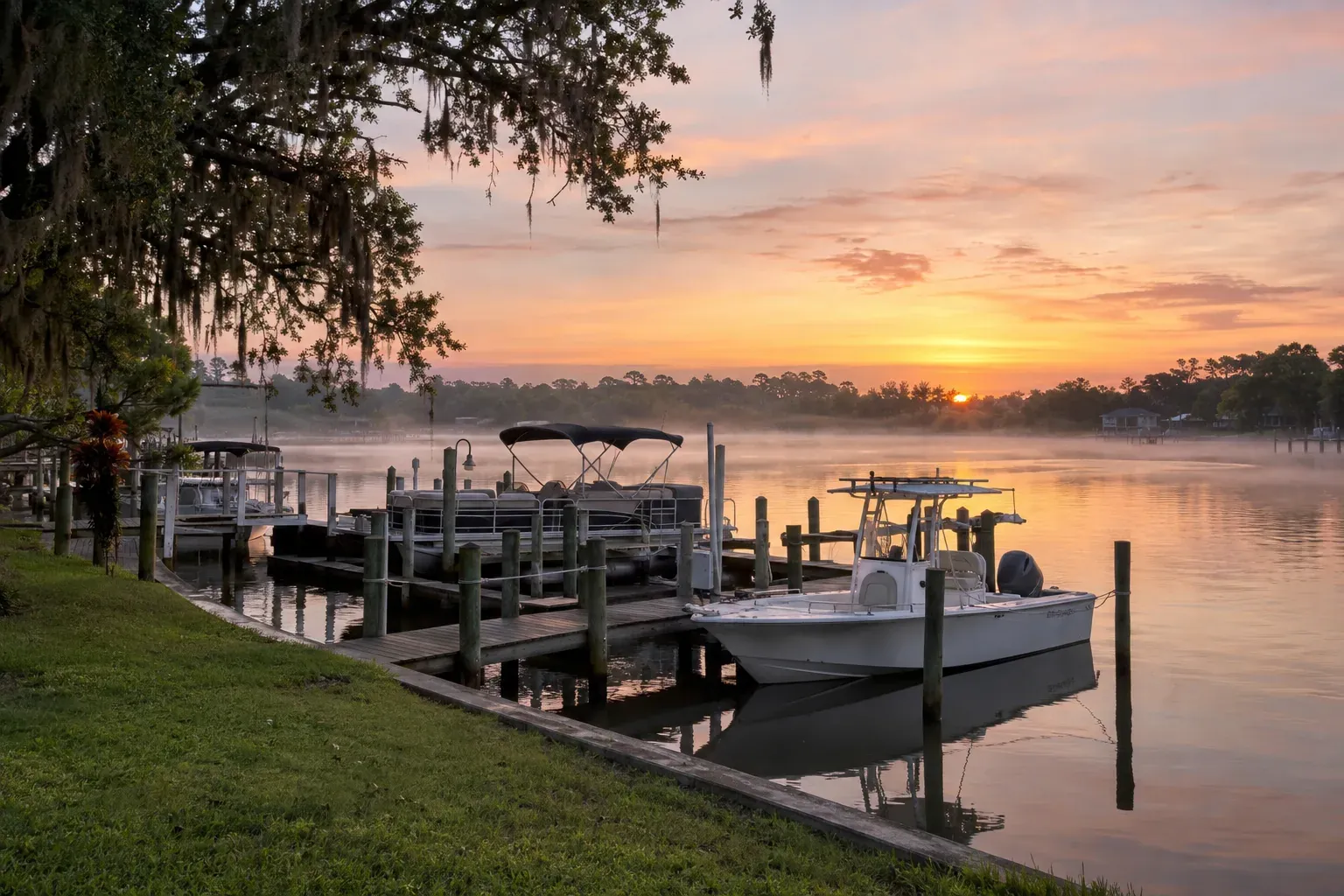 Pontoon and bay boat at a residential dock on a river near Bradenton at sunrise