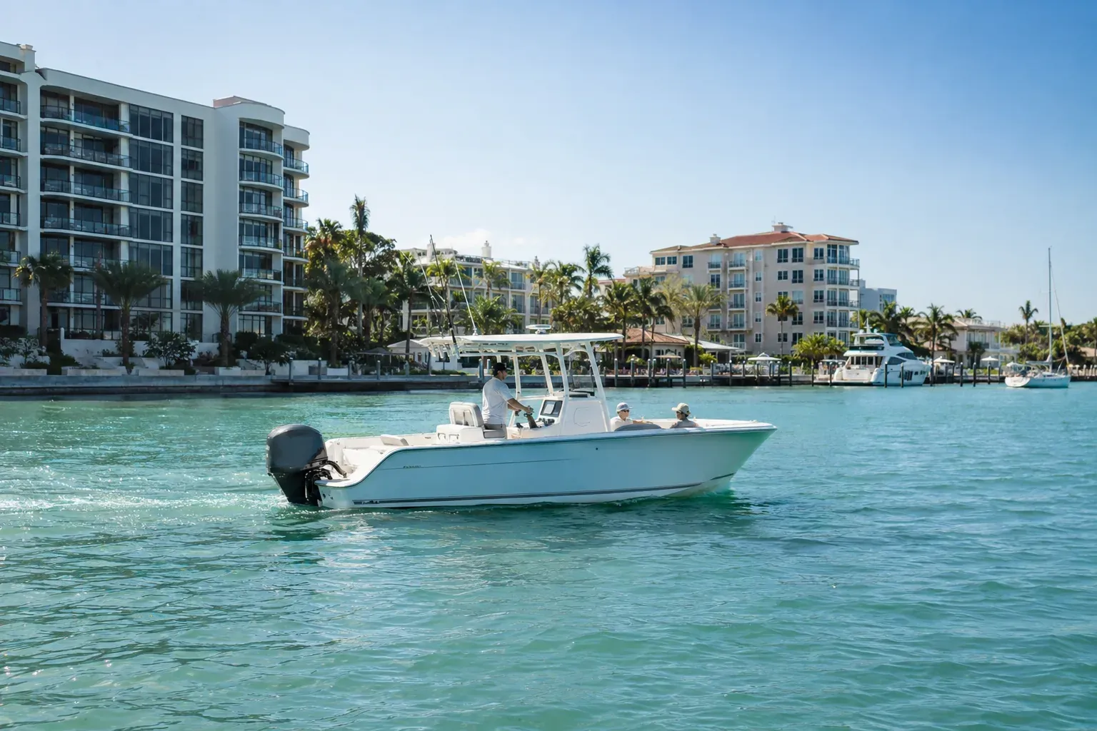 Center-console boat cruising the Intracoastal in Clearwater past waterfront condos and palms