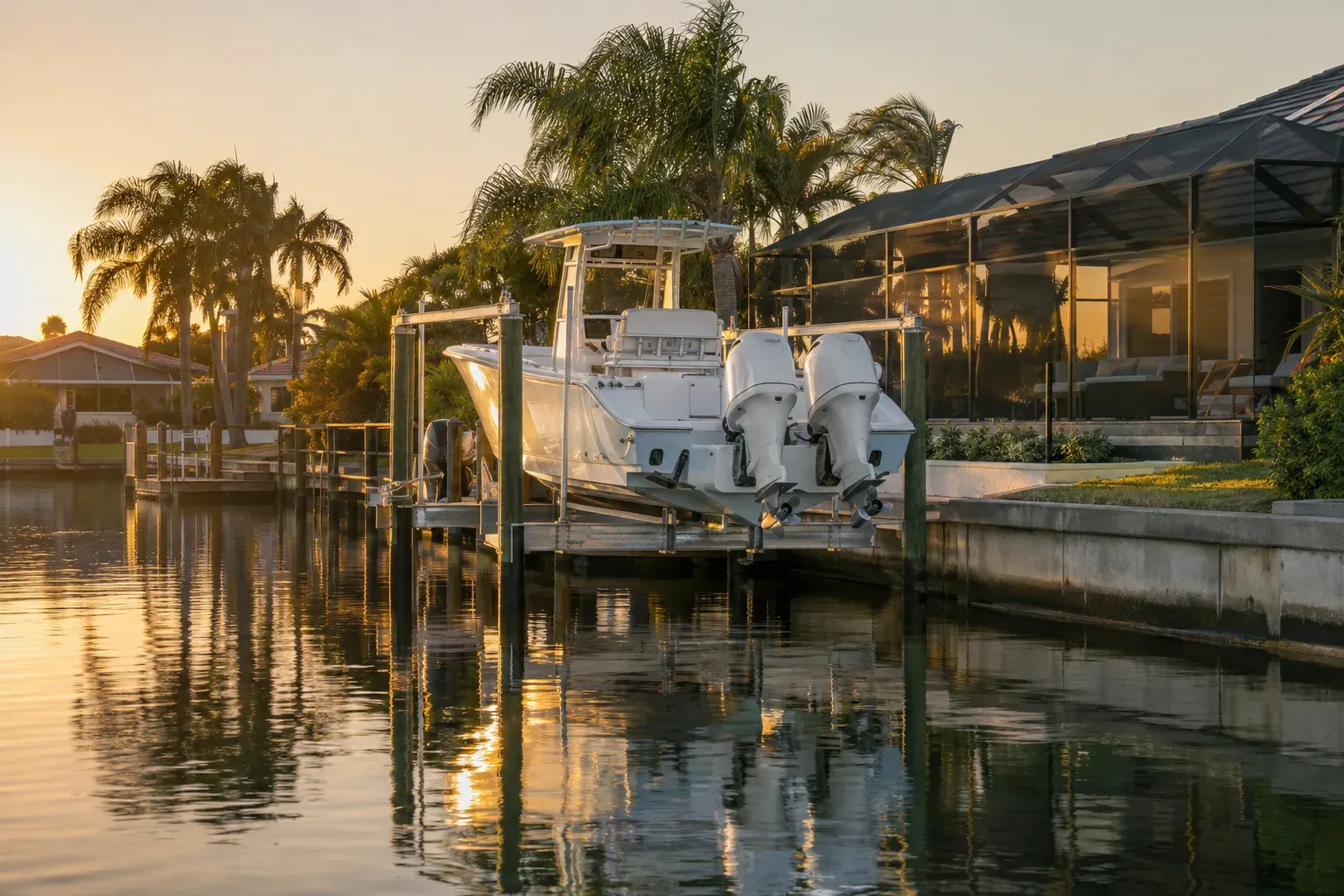 White center-console boat with twin outboards on a lift behind a Tampa waterfront home at golden hour