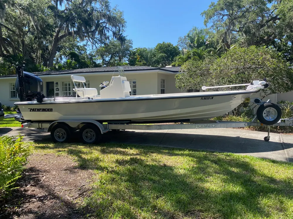 Bay boat serviced in the owner's driveway