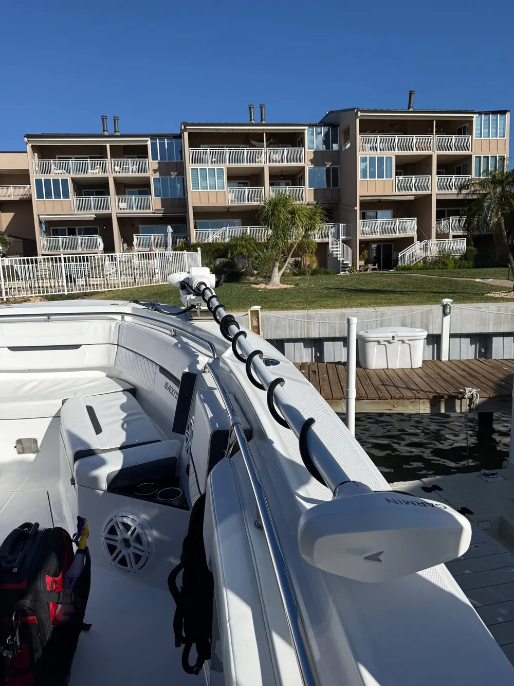 Bow trolling motor install at a condo dock